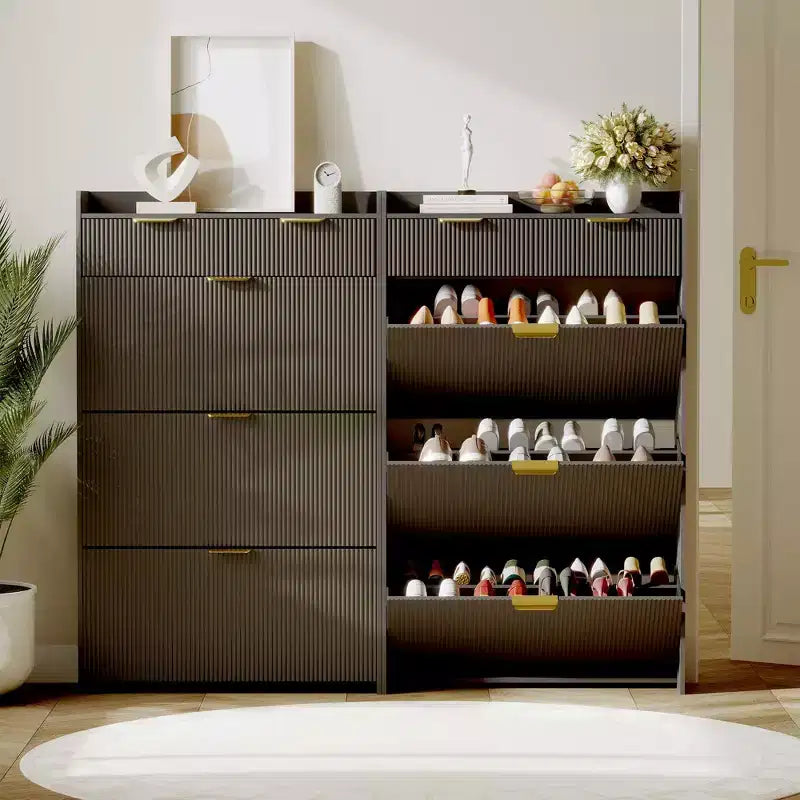 Modern White Shoe Cabinet with 3 Flip Drawers & 2 Small Drawers & Hook, Slim Fluted Shoe Storage Organizer, Narrow Entryway Cabinet