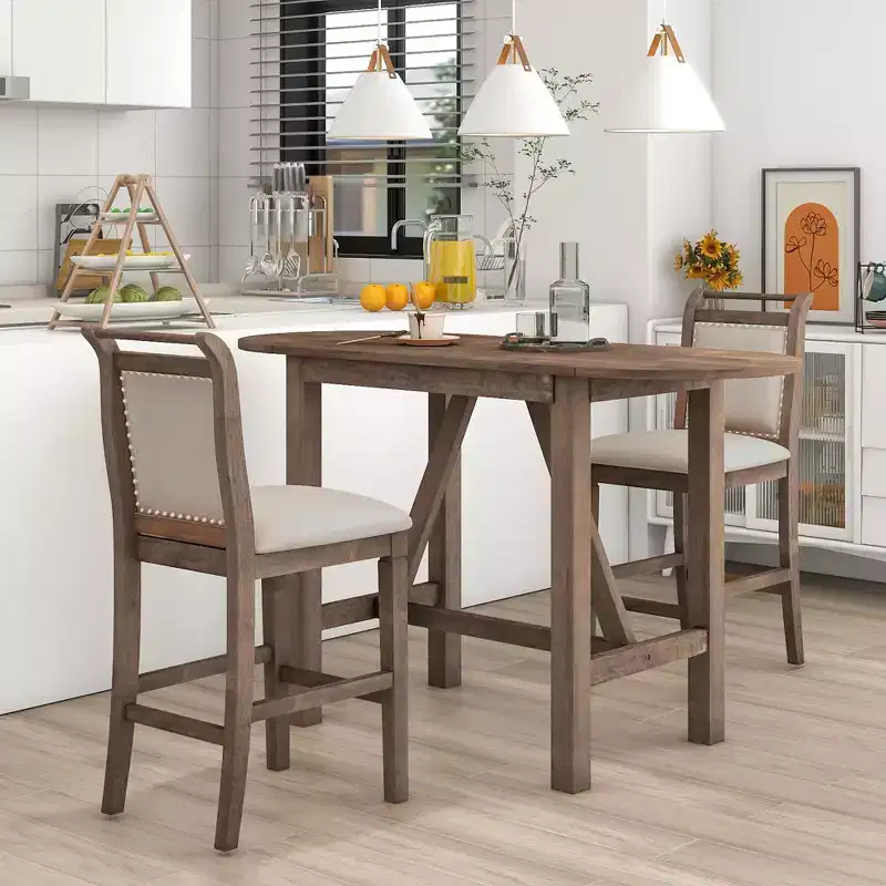 Whisen 3-Piece Wood Counter Height Drop Leaf Dining Table Set with 2 Upholstered Dining Chairs