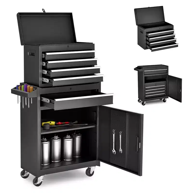 MAYEERTY Detachable Rolling Tool Chest with 5 Drawers & Cabinet, Lockable Wheels & Side Tool Rack for Garage, Workshop