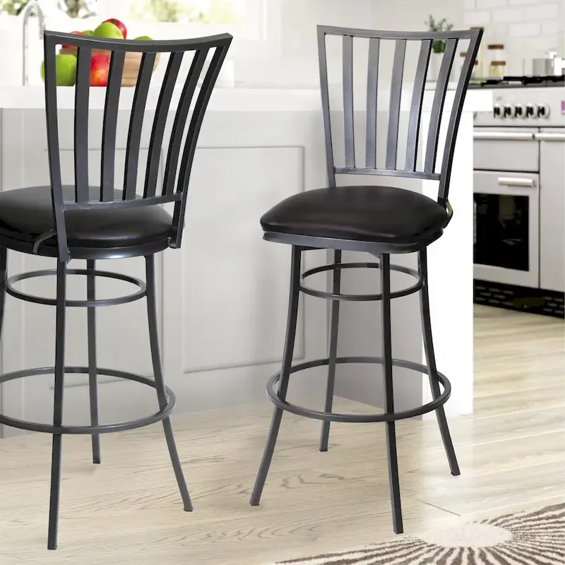 Swivel Bar Stool with Vertical Slat Back and Padded Faux Leather Seat