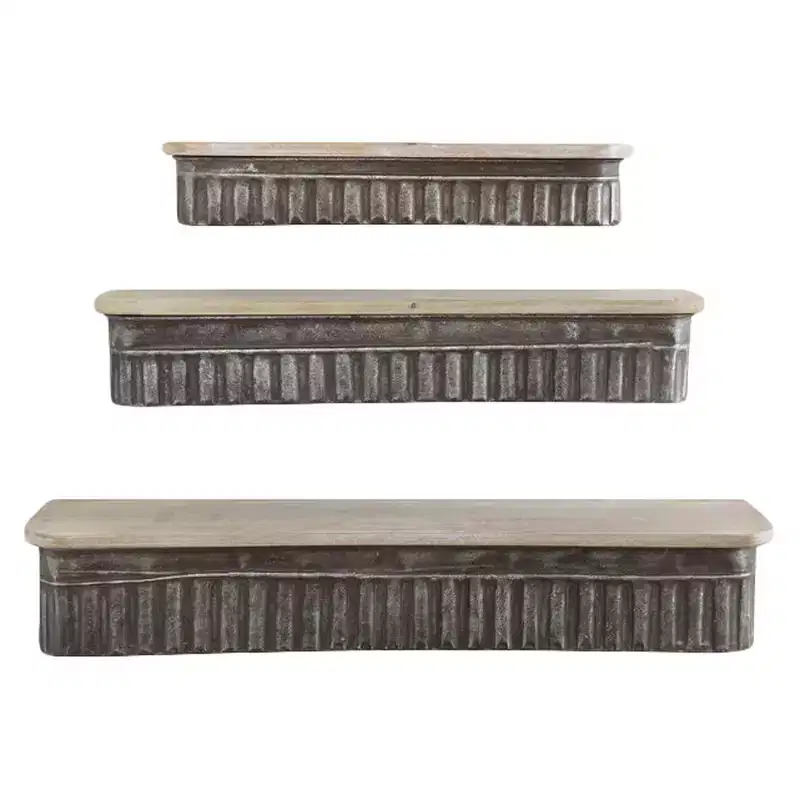 Storied Home Metal & Wood Shelves Set of 3 - No Assembly, Rustic Decor, Open Shelving