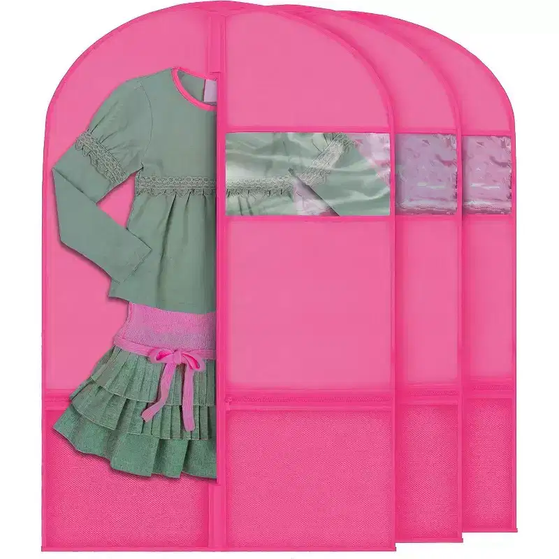 Plixio Garment Bags for Kids Dance Costumes w/ Transparent Window and Zippered Mesh Pockets for Shoes and Accessory Storage (3 Pack, Pink: 36 x 23)