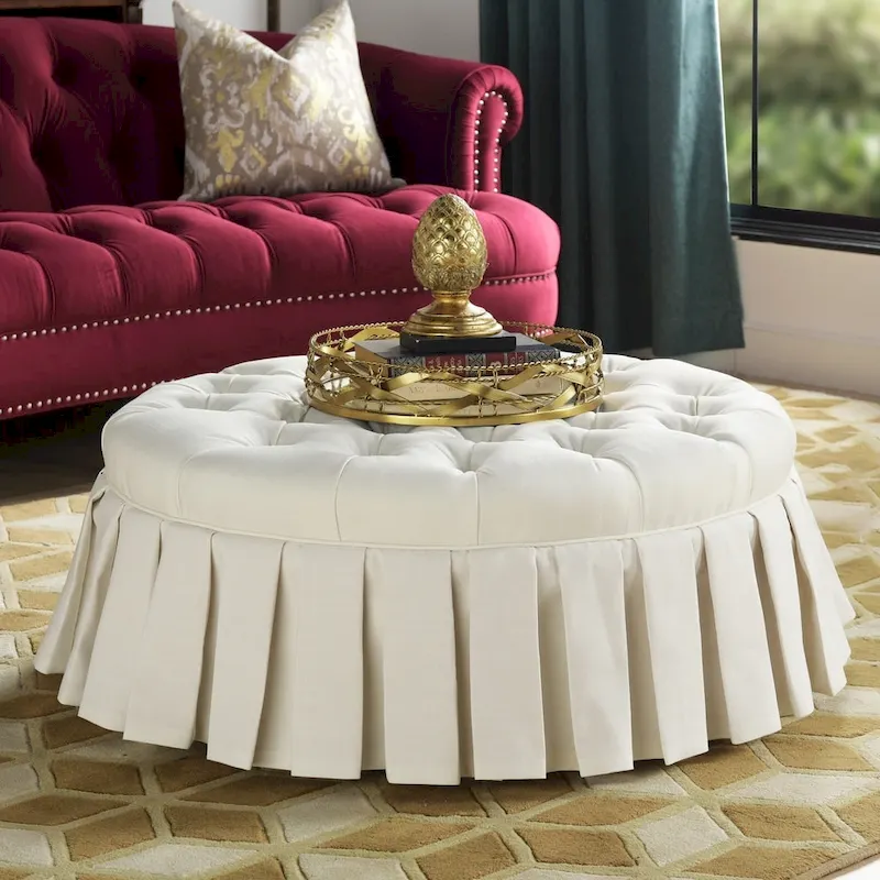 Tufted Cocktail Ottoman with Pleated Skirt �C Midnight Blue / Antique White, Seats 1