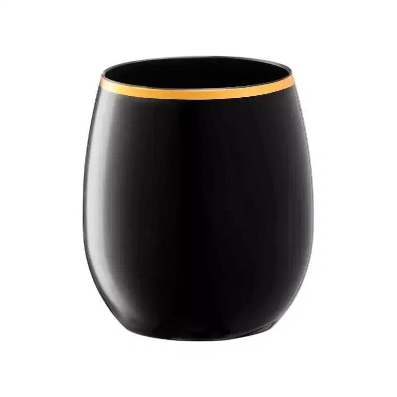 Smarty Had A Party 12 oz. Black w/ Gold Stemless Plastic Wine Glasses - 64 pcs