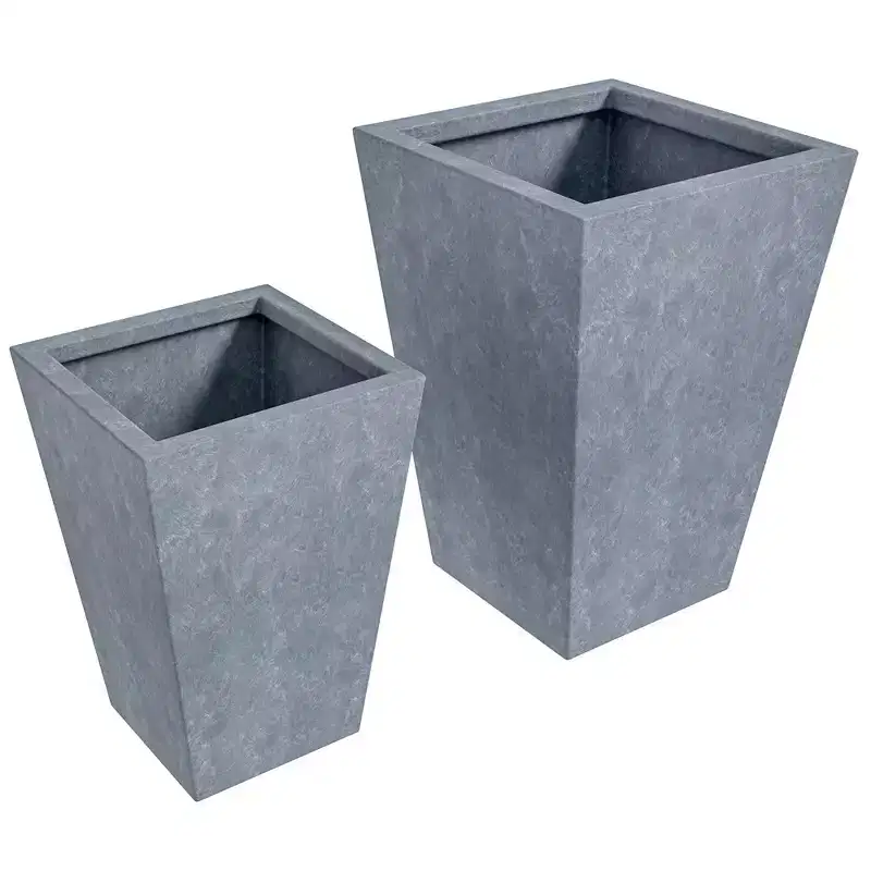 LeisureMod Serene Fiberstone Tapered Square Planter Pot Set with Drainage Holes, Includes 15 and 21 Pots, Weather-Resistant for Indoor/Outdoor Use