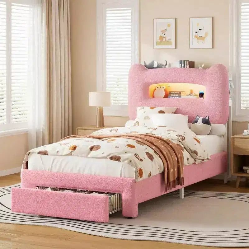 Twin Size Kids Bed Frame with LED Lights, Storage Headboard & Drawer, Pink