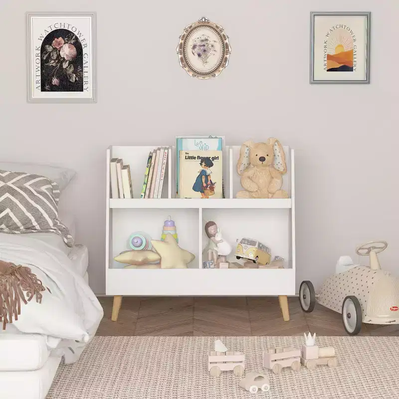 Wood 2-Tier Kids Bookshelf with 5 Cubbies 31.5"W x 13.39"D x 28.54"H