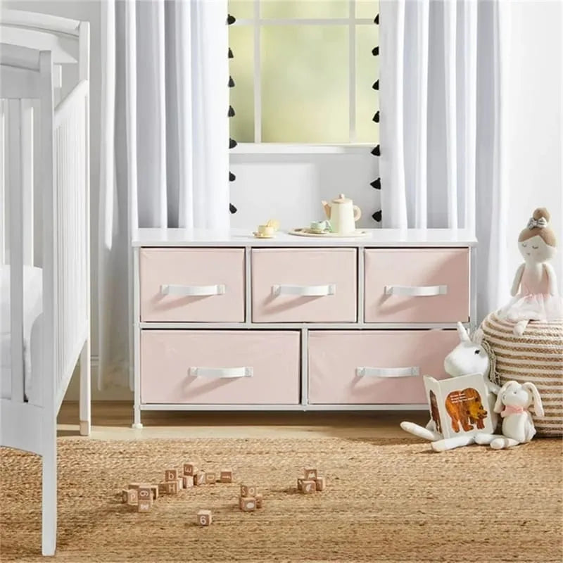 Fabric Storage Dresser &ndash; Pink / Light Pink Rose Gold / Linen / Espresso, Steel Frame, Removable Drawers