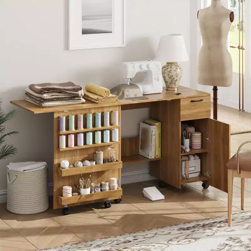 Brown / White Folding Sewing Table, Single-User Craft Station with Storage & Lockable Wheels