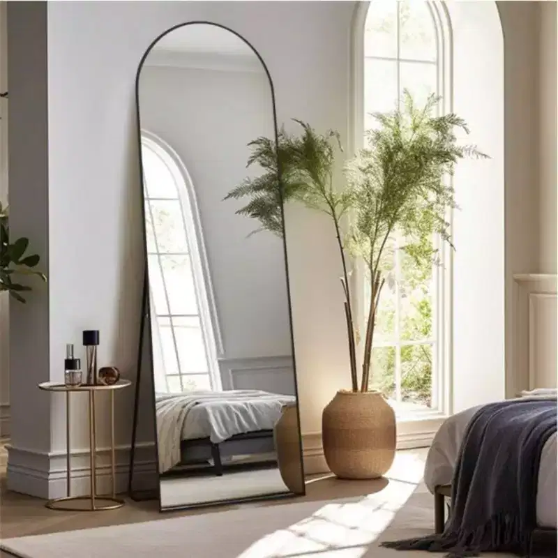 18 x 58 Full Length Arched Floor Mirror, Black/Gold-HOMLUX: Freestanding Design, Metal Frame