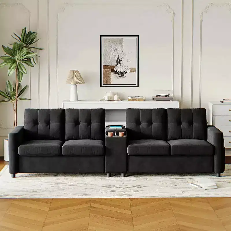 Modular Sectional 4-Seater Sofa, Velvet 115 Inch Compact caoch with Storage Console, Charging Station & Cup Holders,Deep Seats Couch for Home