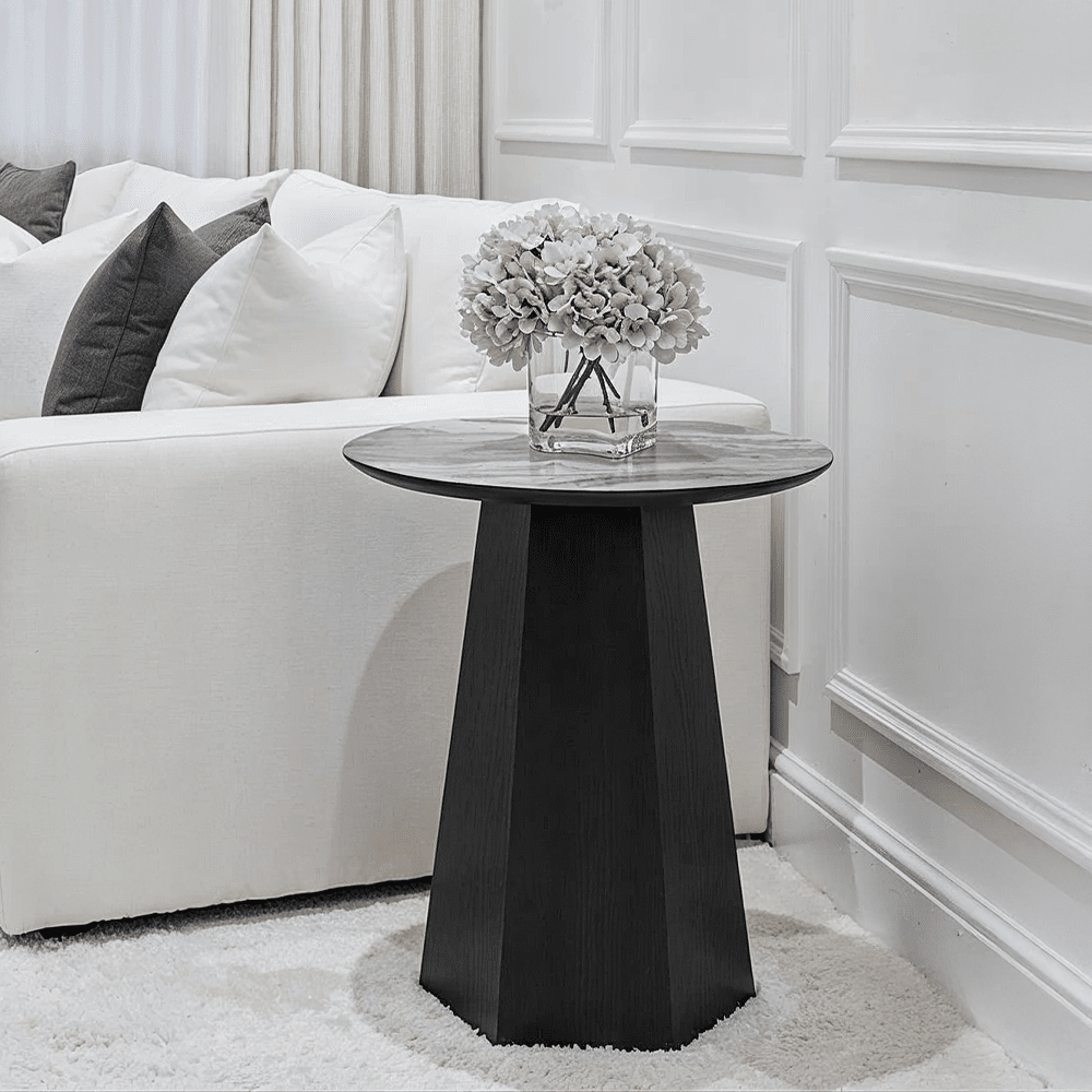 Dark Brown Wooden Side Table with Marble Effect Top