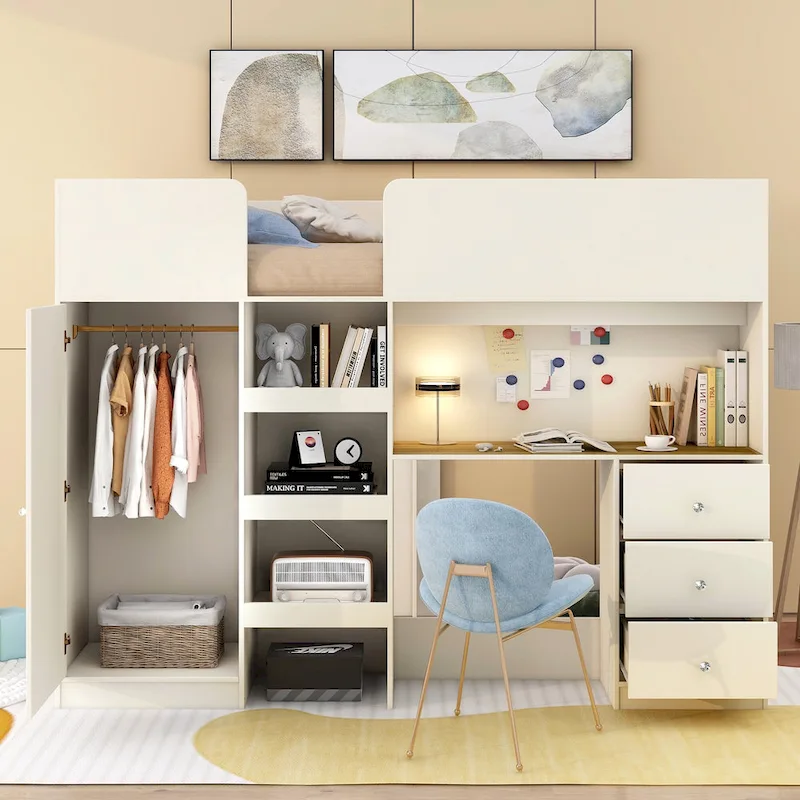 Beige Full Size Solid Wood Loft Bed with Wardrobe, Desk, Shelves and Drawers