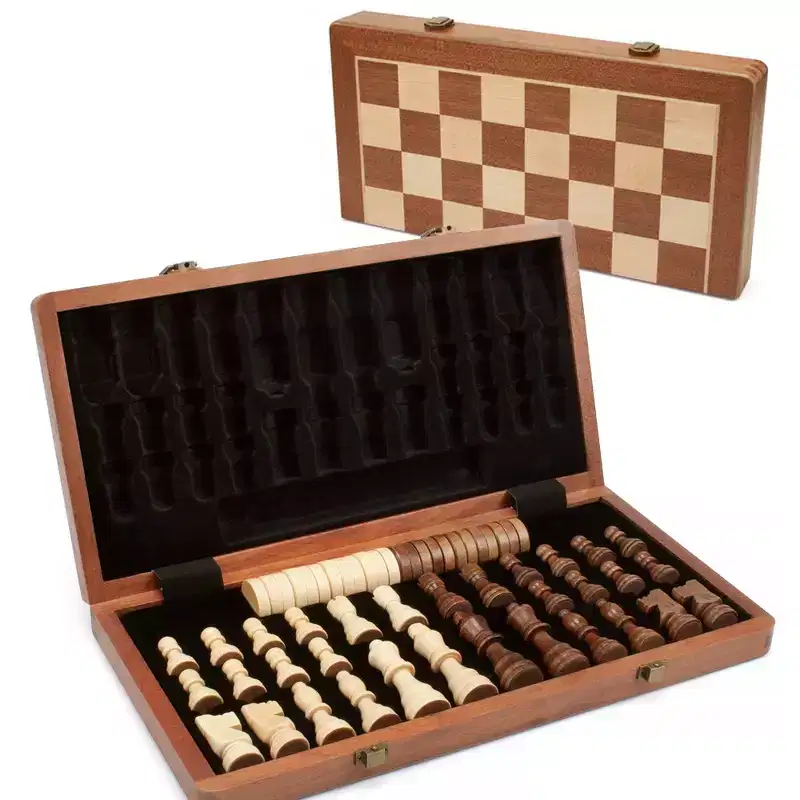 GSE 15 Wooden Folding 2-in-1 Chess and Checkers Board Game Combo Set with Chess Storage Slots Drawer