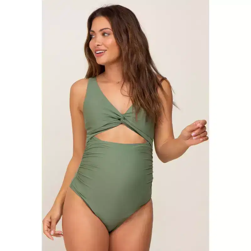 PinkBlush Olive Ruched Sides Front Cutout Maternity One Piece Swimsuit