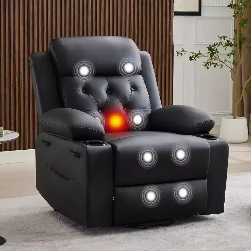 Oversized Power Lift Recliner Chair for Living Room C Black PU Leather Seat, Vibration Massage Heating, Lumbar Heat, Dual Cup Holders, Side Pockets