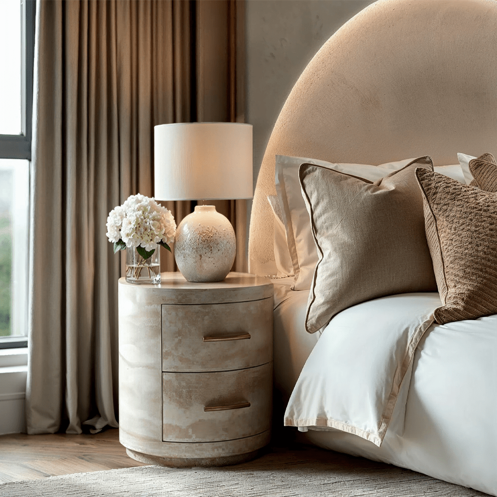 Round Neutral Marble Effect 2 Drawer Bedside Table