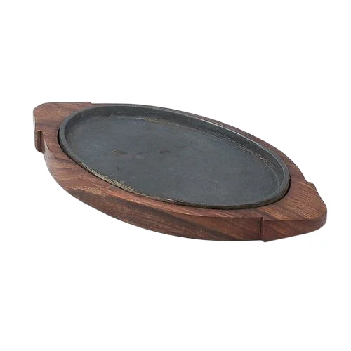 Oval Sizzler Platter, Cast Iron, Wooden Plate, 14 x 7.5, Wooden Serveware
