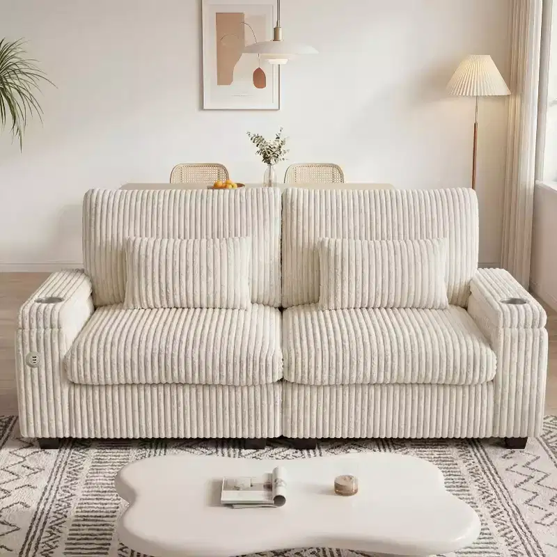 91-Inch Storage Sofa for Two &ndash; Plush Corduroy with USB Charging & Cup Holders