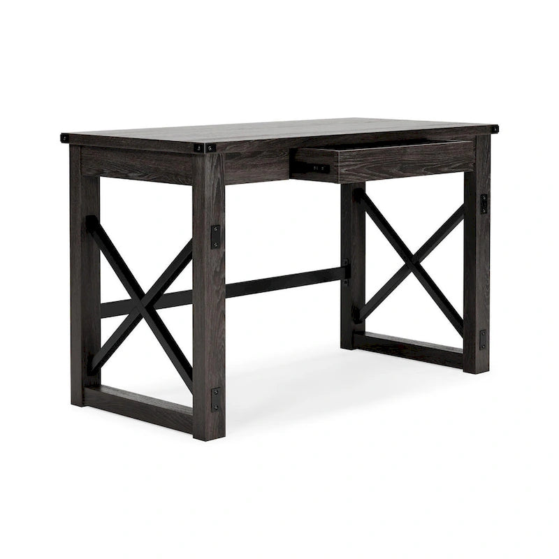Brown Wood Grain Laminate Home Office Desk with Cross-Buck Rails and Center Drawer for 1 Person