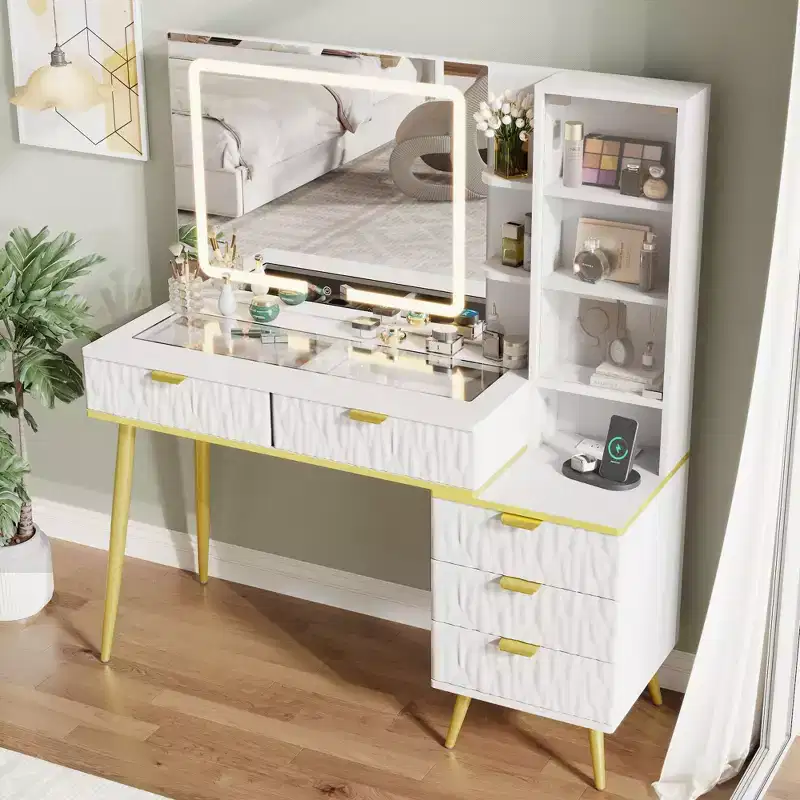 48" Vanity Desk with Mirror & Lights &ndash; Glass Top, 3 Lighting Modes, 5 Drawers, White