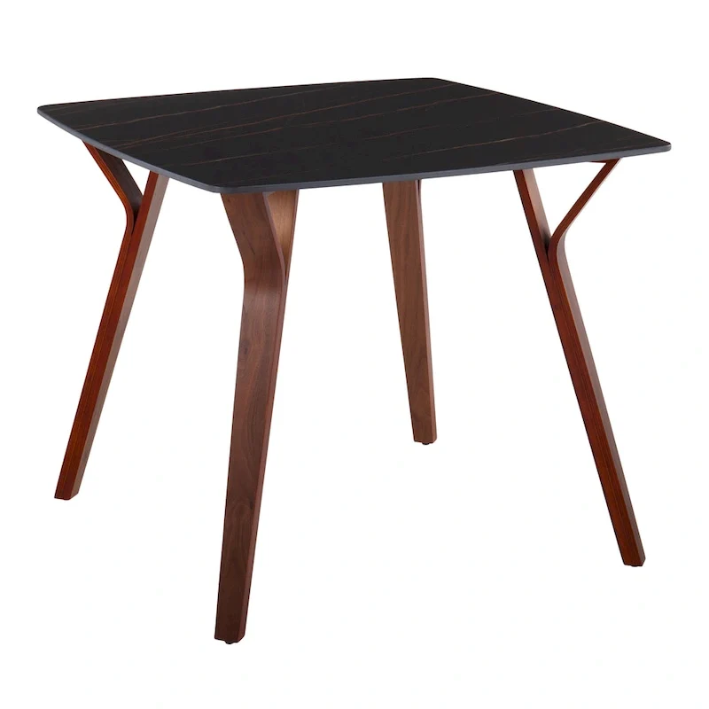 Square Marble Top Dining Table with Splayed Walnut Wood Legs