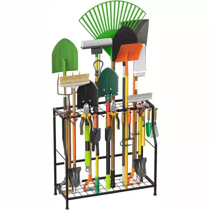 Garden Tool Organizer 2 Tier Yard Storage Rack With14 Hooks,Heavy Duty Holder With 43 Long-Handled Slots,Freestanding Tool Organizers and Storage