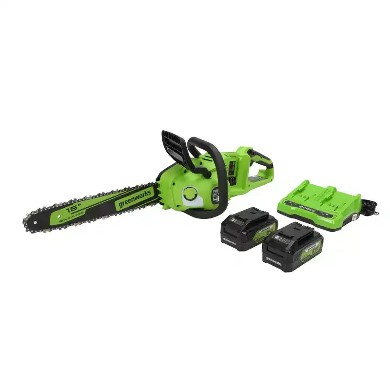 Greenworks POWERALL 2x24V 16" Brushless Cordless Chainsaw with (2) 4.0Ah Batteries and Dual Port Charger