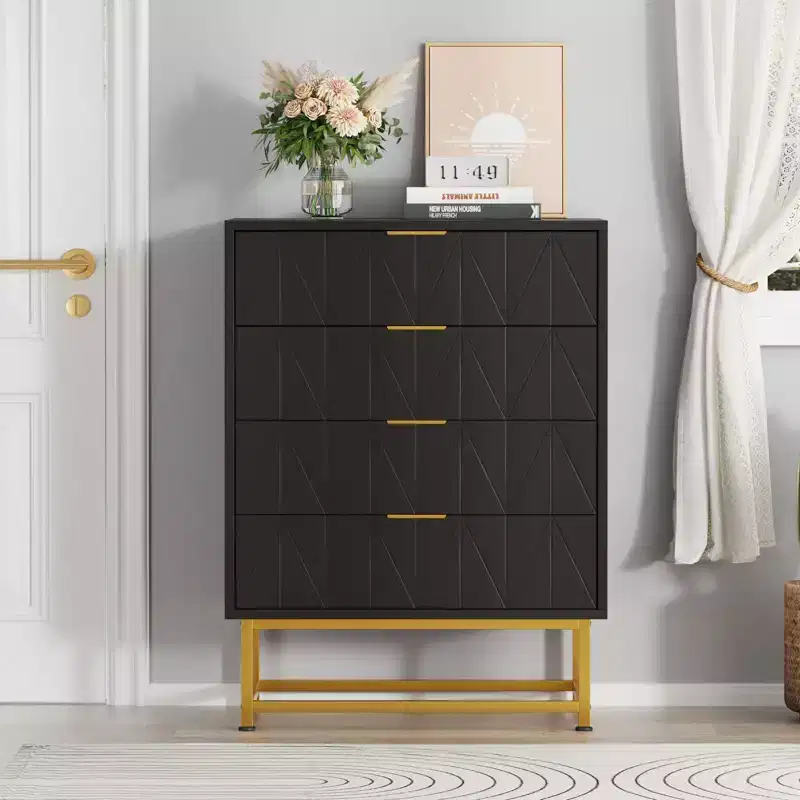 Black/White, 4-Drawer Wooden Dresser with Gold Metal Legs & Handles, 1-Person Assembly