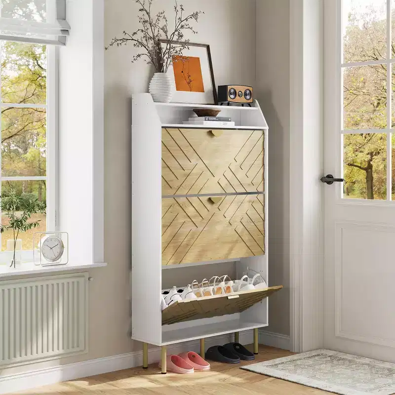Wood Color Shoe Cabinet, Slim 3-Drawer Shoe Storage Organizer, Adjustable Hidden Entryway Rack, Freestanding Space Saving Shoe Shelf for Bedroom