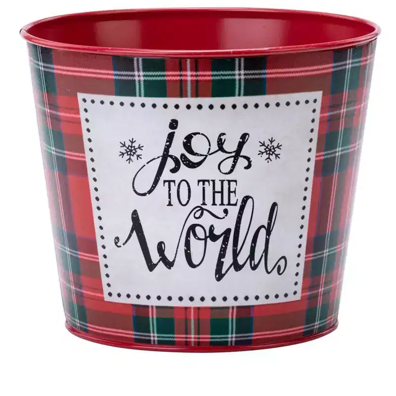 Napco 6.5 inch Rustic Metal Joy to The World Plaid Pot Cover Festive Christmas Home & Garden Holiday Decor