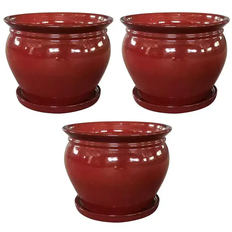 Southern Patio Wisteria 8 Inch Round Ceramic Indoor or Outdoor Garden Planter Pot with Saucer for Flowers and Plants, Red (3 Pack)