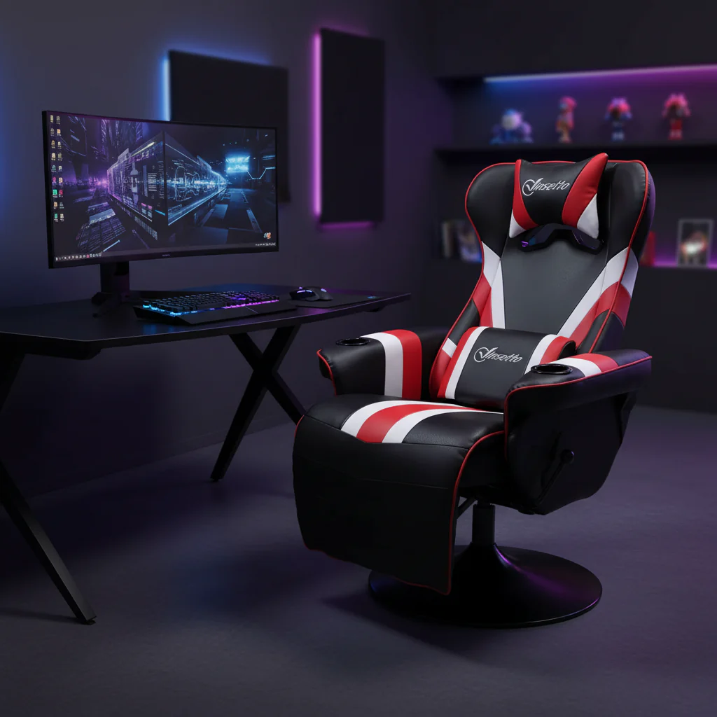 90-130&deg; Recliner Gaming Chair with Swivel Base, Cup Holder, Head & Lumbar Pillow, Footrest