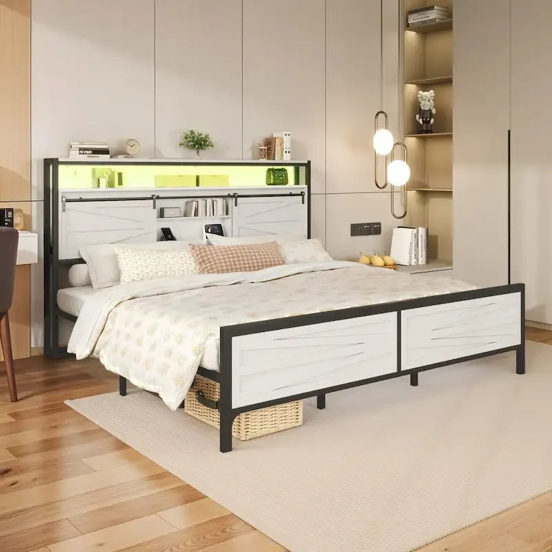 King Metal Platform Bed Frame &ndash; White, LED Lights, Headboard Storage, USB & Outlet Charging, Sleeps 1