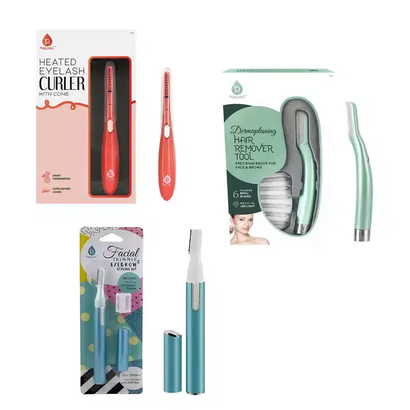 Pursonic Beauty Precision Bundle  Multi-Purpose Hair Trimmer, Heated Eyelash Curler & Dermaplaning Hair Remover Tool