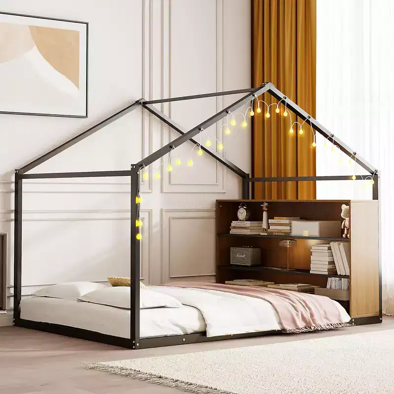 Full Size Metal House Bed with Built-In Shelves and Dreamy LED Lighting, A Better Sleeping Environment