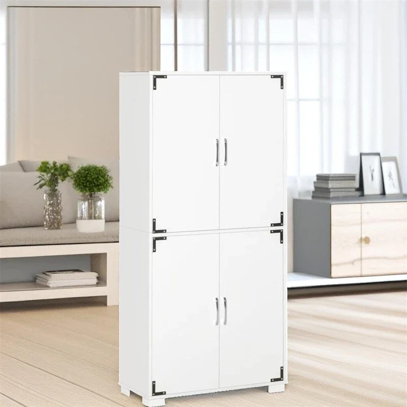White 4-Door Storage Cabinet Farmhouse Style with Adjustable Shelves Metal Hardware