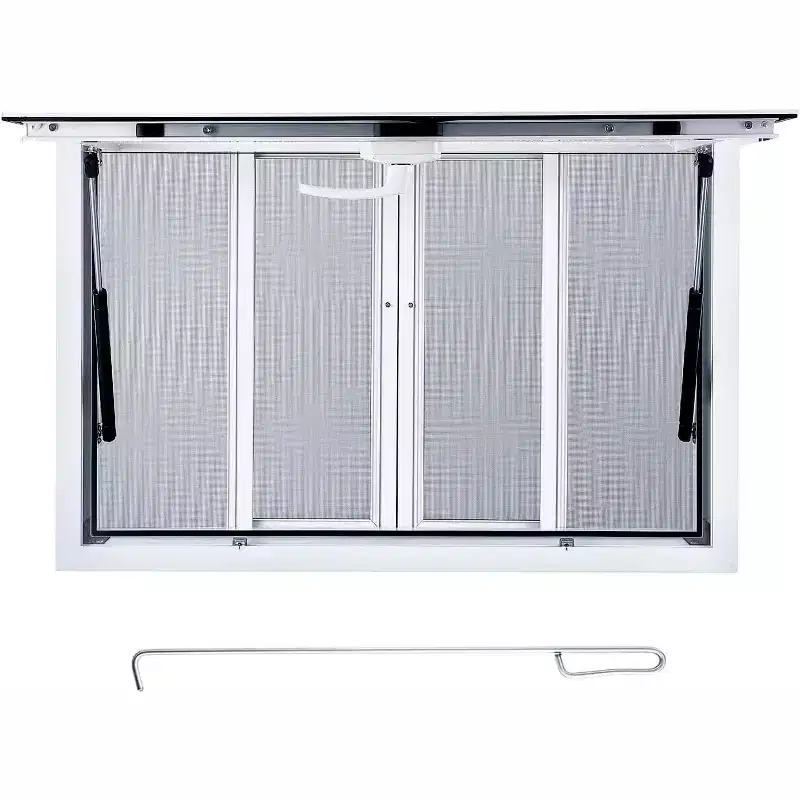 Aluminum Concession Serving Window, Four Horizontal Sliding Screens, Awning Door, Drag Hook, Service Window for Food Truck or Stand