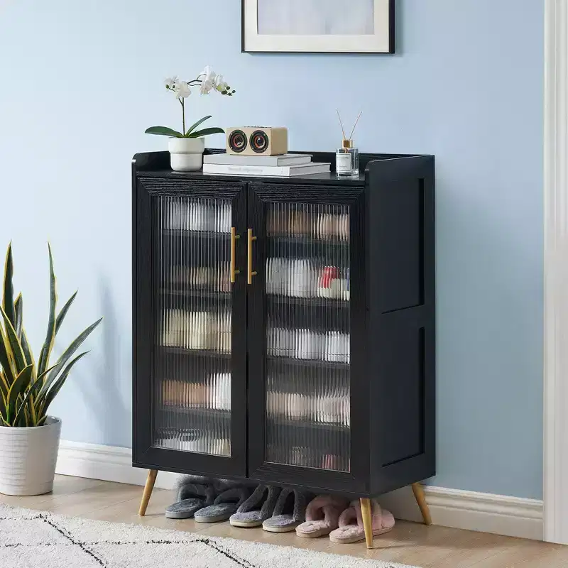 5-Tier Shoe Storage Cabinet. Glass Door Rack w/ Adjustable Shelves for Entryway Bedroom