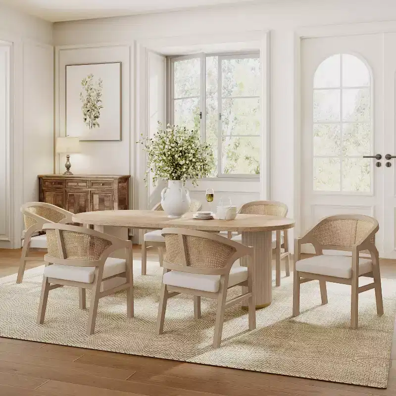 Christopher Knight Home Ilumia Rustic 7 Piece Rattan Rubberwood Upholstered Dining Chairs with Double Pedestal Oval Table