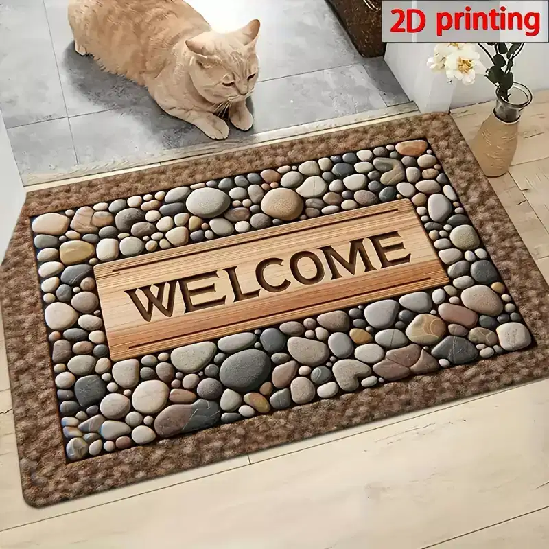 Lomsoe 1pc Welcome Home Non-Slip Door Mat,Durable, Mat with Stone Pattern & Wood Texture Design - Perfect for Farmhouse Decor.