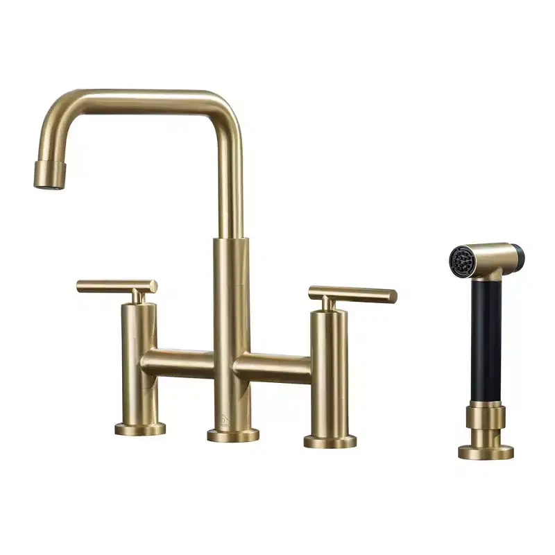 CASAINC Double Handle Bridge Kitchen Faucet with Pull-Out Side Sprayer in Brushed Gold