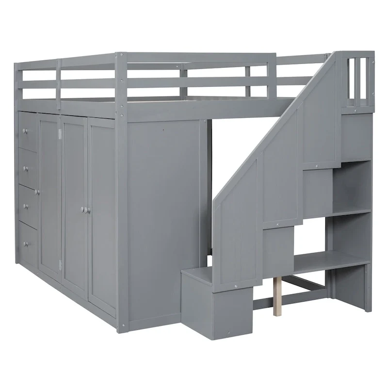 Gray Full Size Wood Loft Bed with Wardrobes, Drawers and Storage Staircase