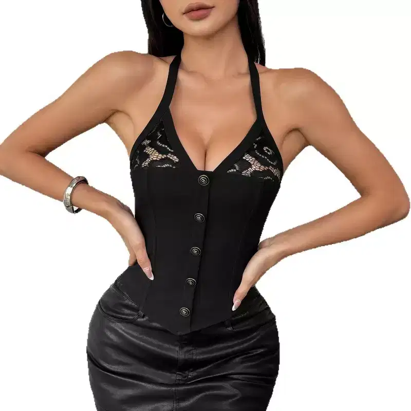 Coolmee Women's Lace Up Halter Bustier Corset Backless Fitted V Neck Shapewear Party Crop Tops
