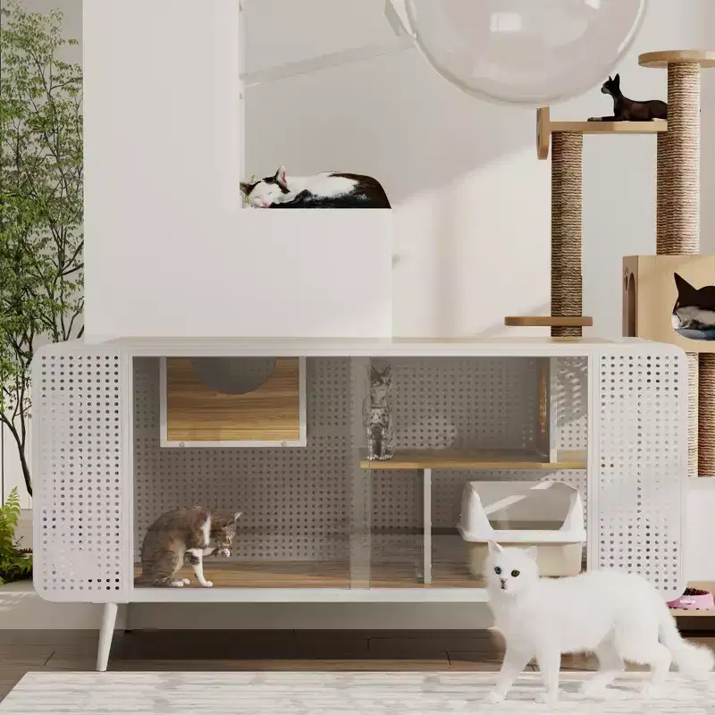 JVNOXK 55.12-inch Spacious Cat House with Tempered Glass Door Shelf and Openwork Design, Suitable for Living Rooms and Hallways, White