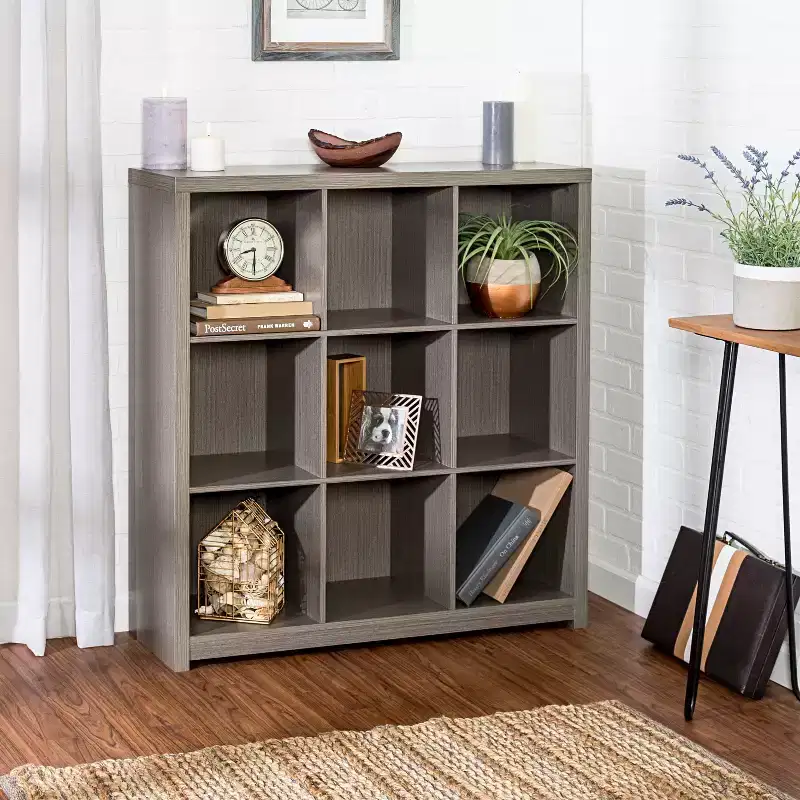 9-Cube Premium Laminate Bookshelf, Gray MDF, 9 Compartments, 135 lb Capacity, 37.5"L x 39"H