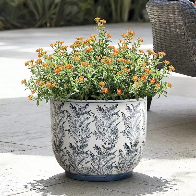 LuxenHome Blue Botanical Floral Ceramic Planter, 15.5 Round Garden Pot for Indoor & Outdoor Plants