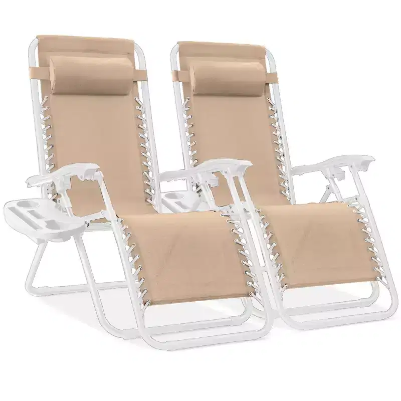 Best Choice Products Set of 2 Zero Gravity Lounge Chair Recliners for Patio, Pool w/ Cup Holder Tray - Sand/White