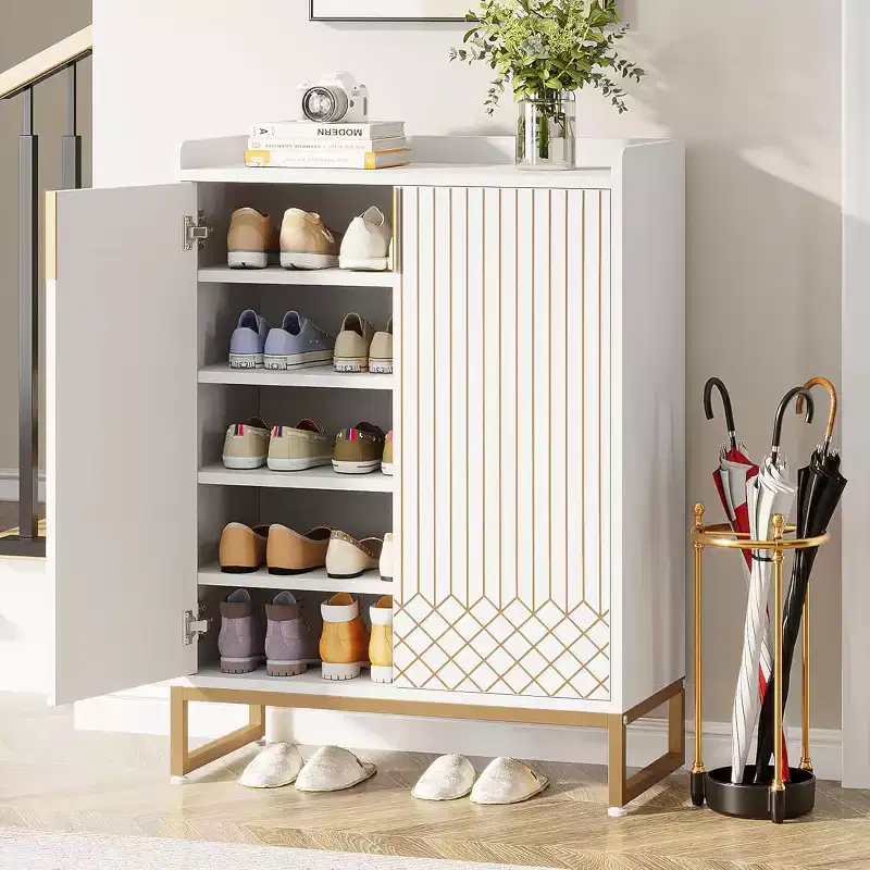 5-Tier Wooden Shoe Cabinet with Doors, Stores 25 Pairs, Modern White Organizer