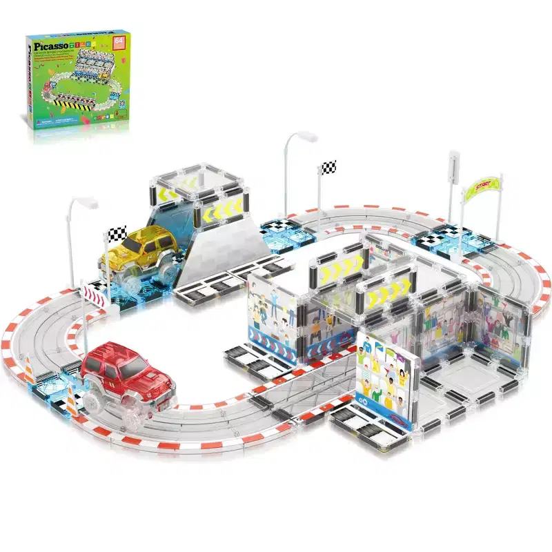 PICASSO-TILES Race Track Magnetic Tiles for Kids with Racing Toy Car and Truck, 64PCS Building Blocks Set for Creative STEM Play